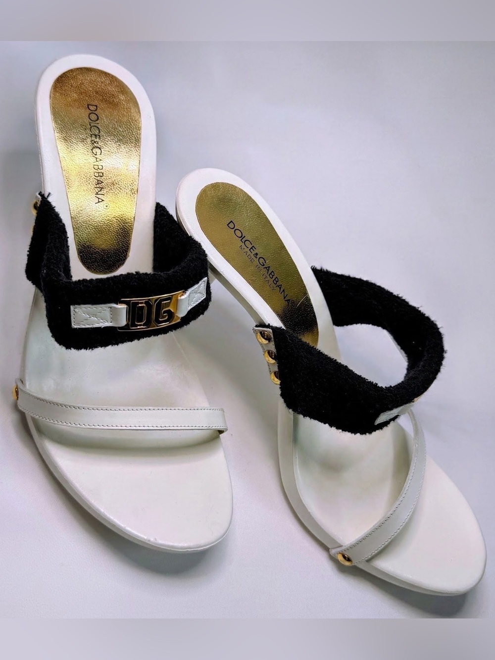 Dolce & Gabbana Vintage Y2K White Leather Terrycloth D&G Logo Stiletto Mules 39